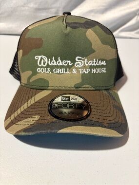 New Era Camo Trucker Hat with Widder Station White Embroidery Adjustable 9Forty